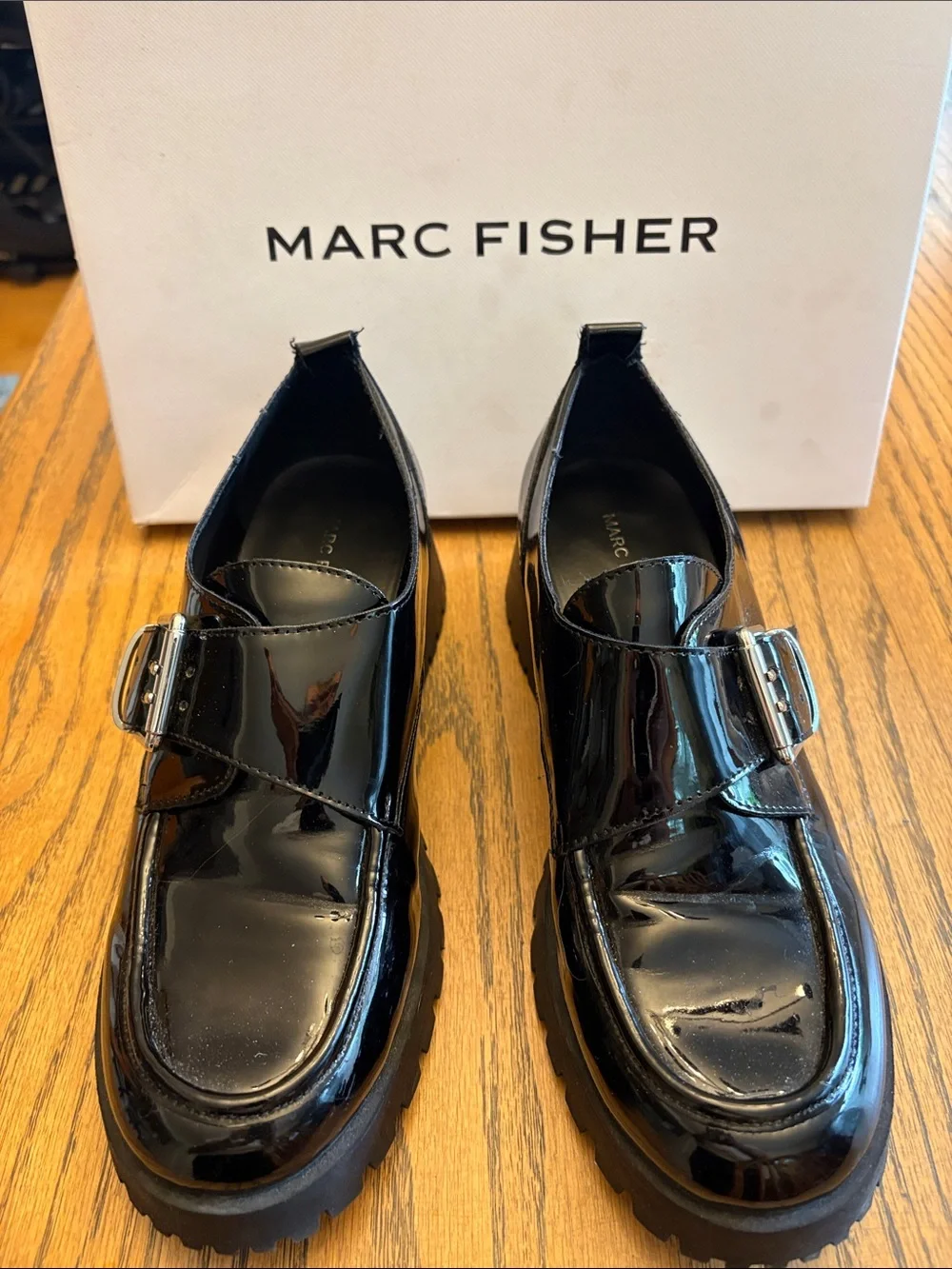 Marc Fisher Black Patent Leather Buckle Slip-On Loafers